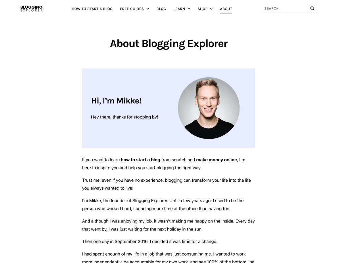 About page of Blogging Explorer