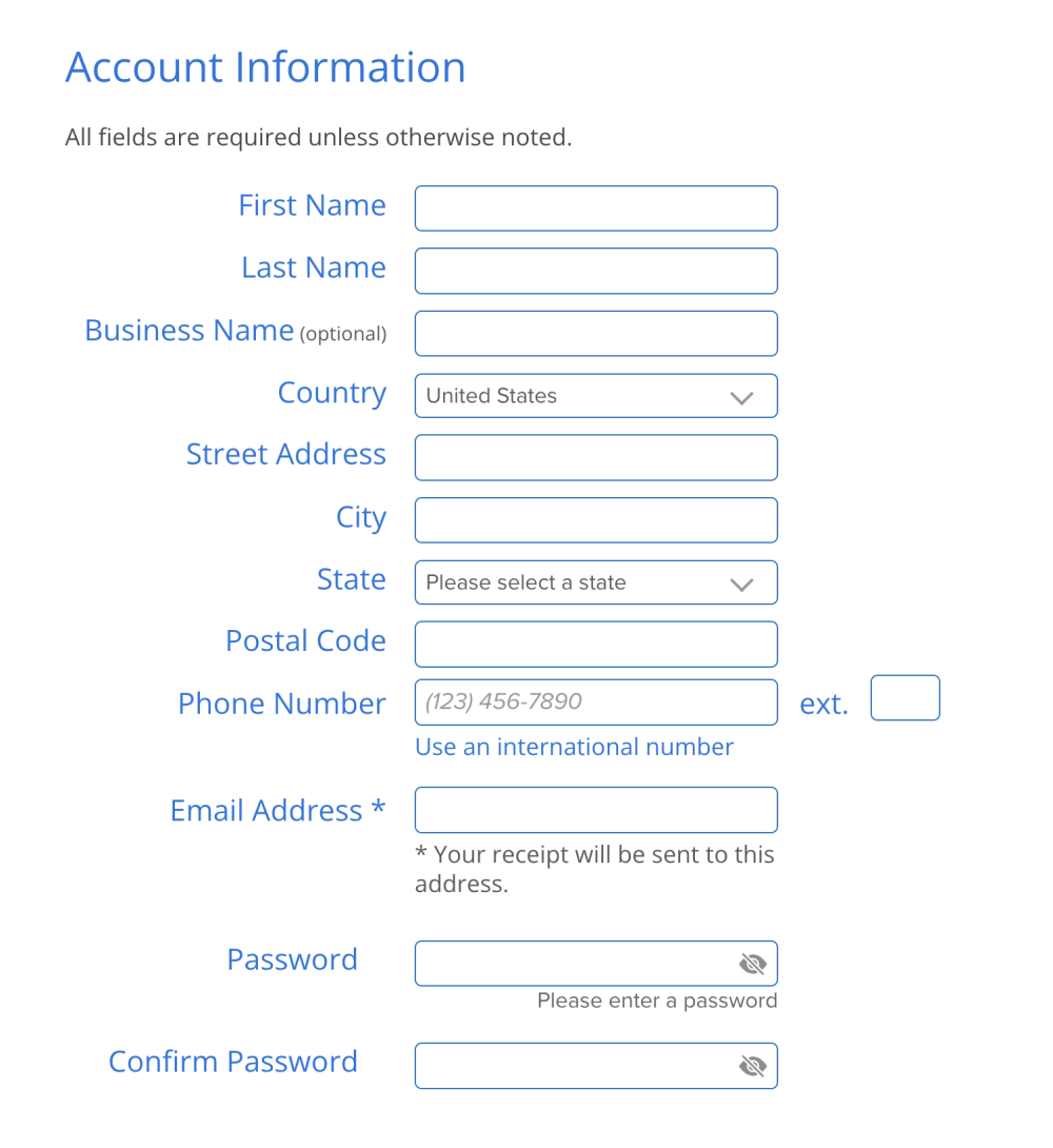 Account information – Bluehost signup process