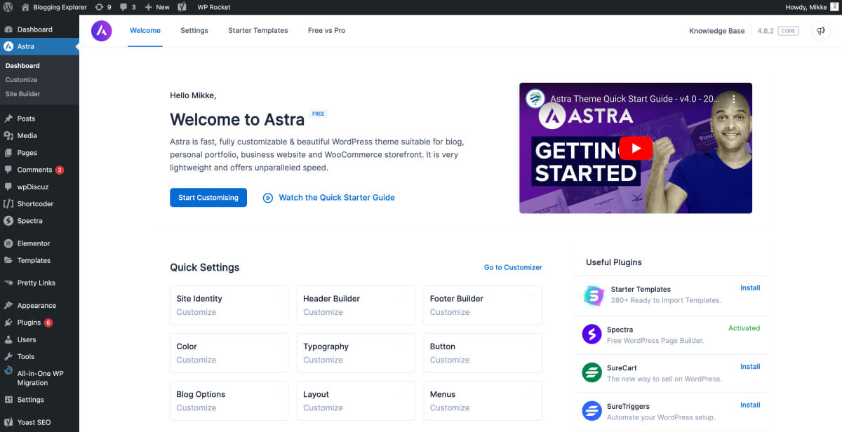 Astra theme welcome screen in WordPress