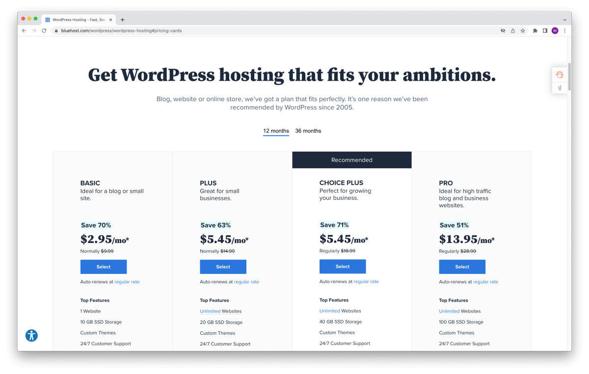 Bluehost WordPress hosting plans