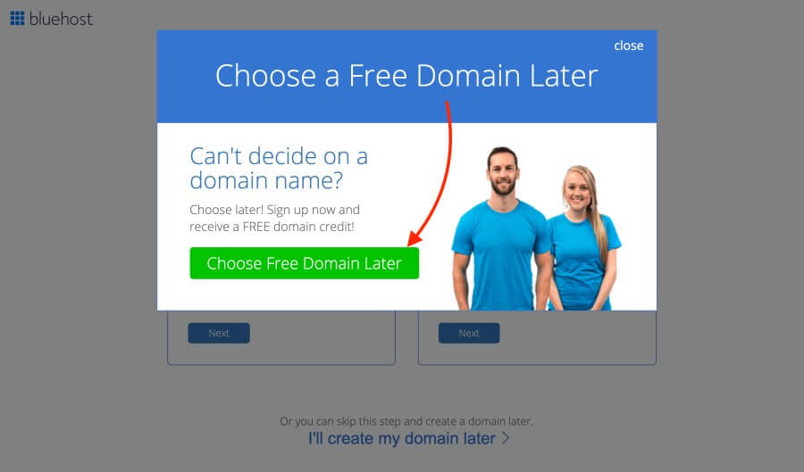 Bluehost WordPress tutorial - Choose domain name later