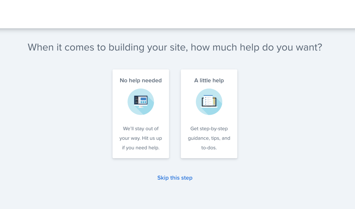 Choose how much help you want to build your website – Bluehost signup process
