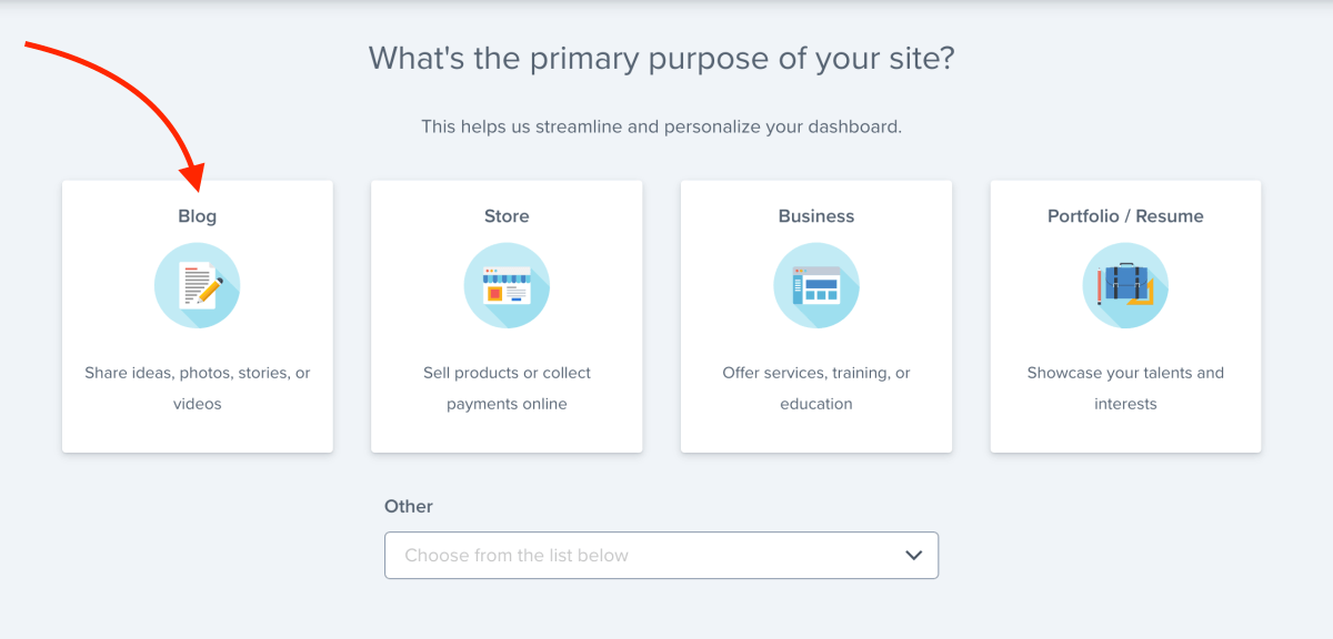 Choose the primary purpose of your website – Bluehost signup process