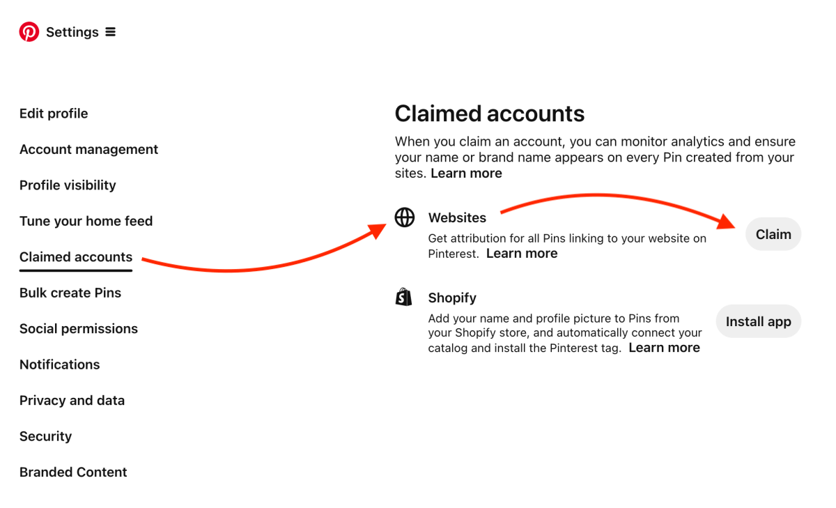Claimed accounts – Pinterest settings