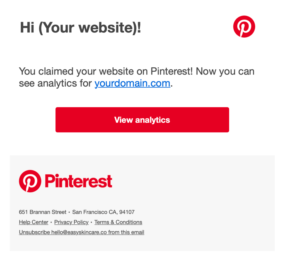 Claiming your website on Pinterest – Confirmation email