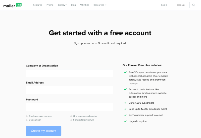 Create a free email marketing account with MailerLite