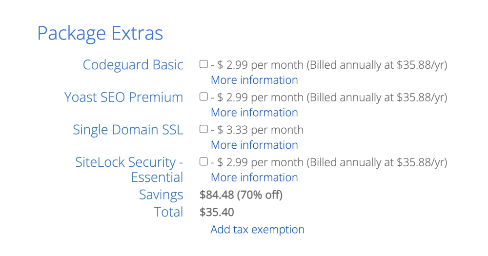 Create your Bluehost account – Package extras