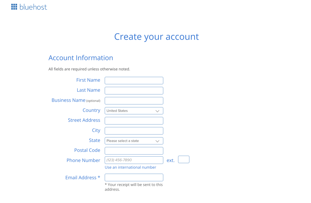 Fill in acount information – Bluehost signup process