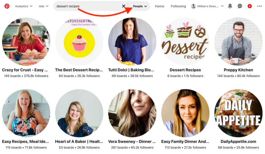 Follow influencers and large accounts in your niche on Pinterest