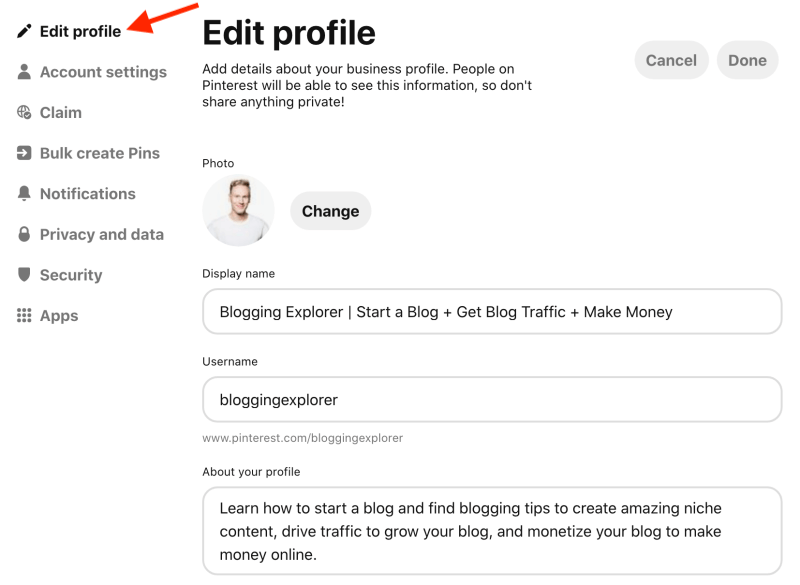 How to edit your Pinterest profile, display name and description