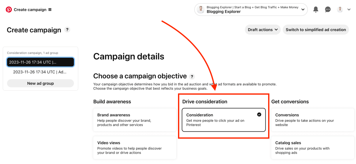 How to find Pinterest keywords with Pinterest Ads - Selecting campaign objective