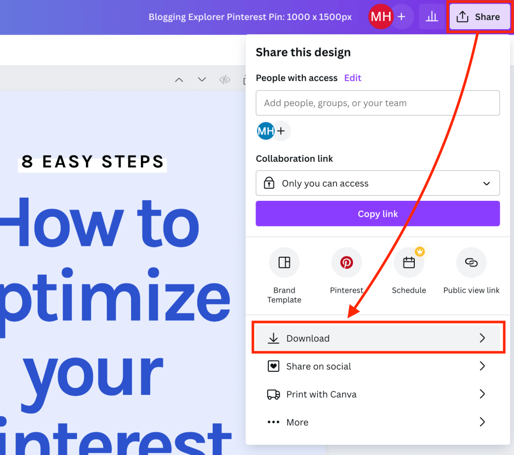 How to share and download a Pinterest pin from Canva