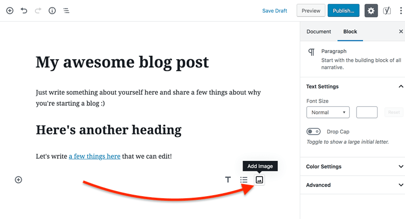How to write your first blog post in WordPress - How to add an image