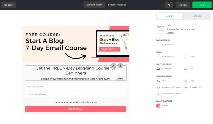 MailerLite embedded email signup form example - 7-day blogging course