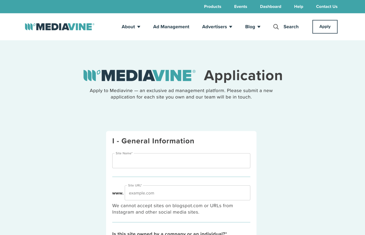 Mediavine application page