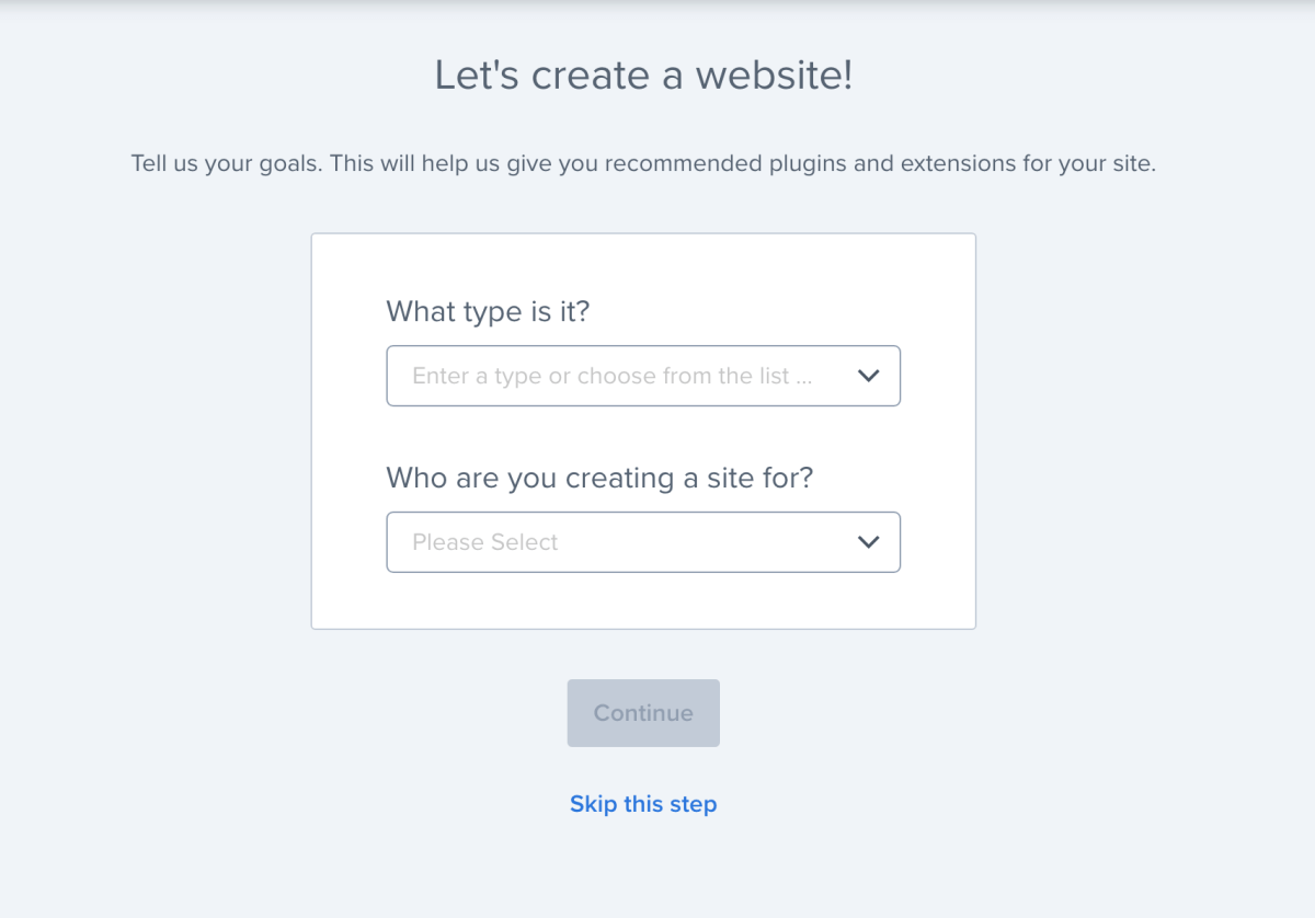 Select website type – Bluehost signup process