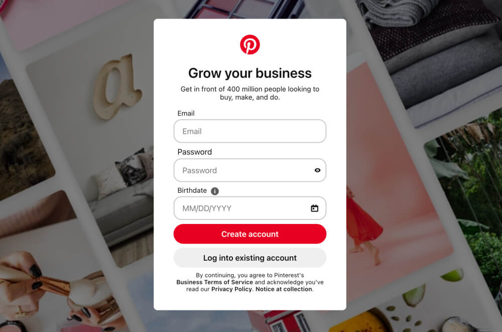 Signing up with Pinterest – Create a Pinterest business account