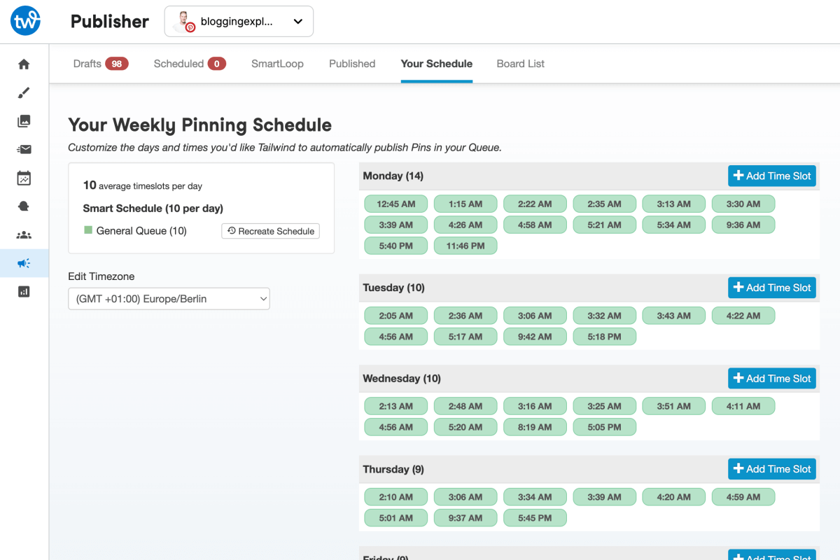 Weekly pinning schedule in Tailwind