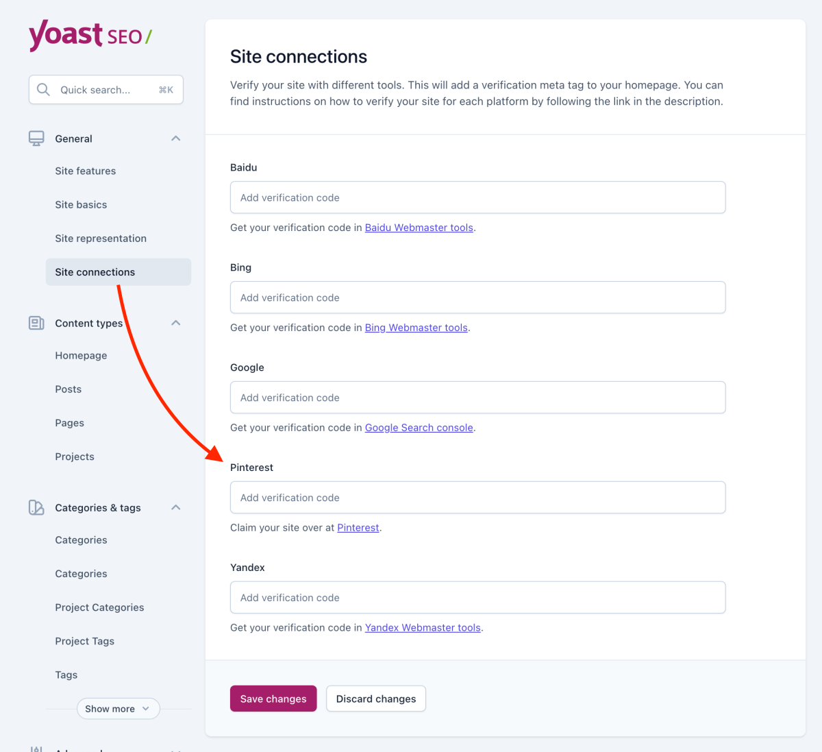 Where to add your Pinterest verification code in Yoast SEO plugin to claim your website with Pinterest