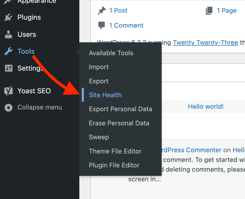 Where to find WordPress Site Health options